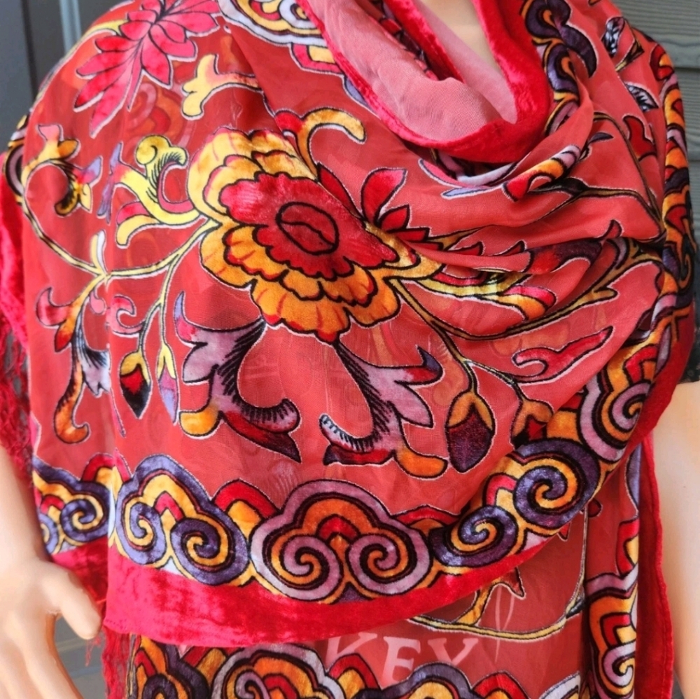 J&X NY Red Floral Silk Viscose Velvet Burnout Fringed Scarf Shawl Wrap 76x20 - Picture 9 of 16